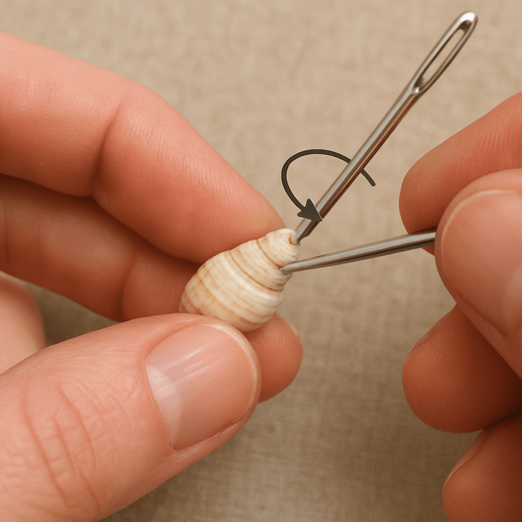 A hand holding a thick tapestry needle against the thinnest part of a small shell, demonstrating the gentle twisting motion.