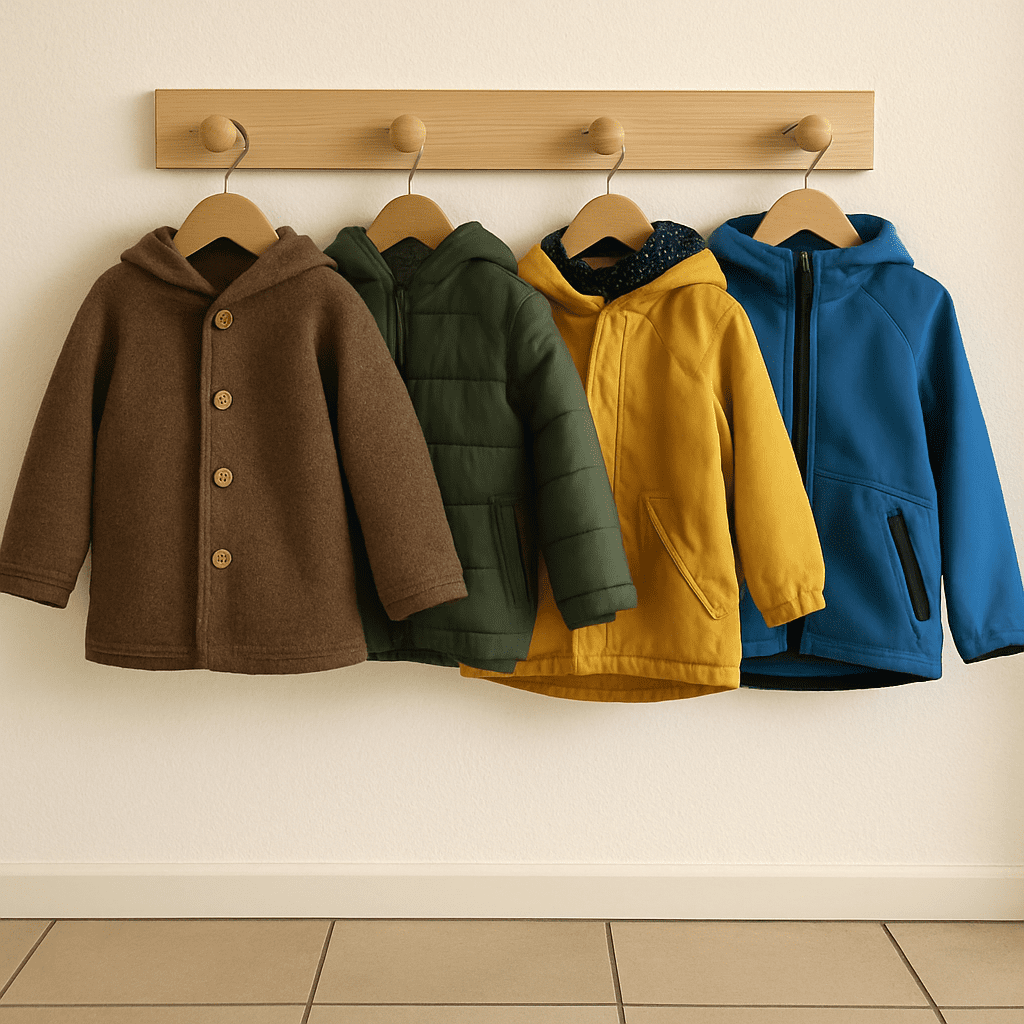 Verschiedene Kinderjacken im Flur, um dem Kind eine Auswahl zu bieten, vom Wollwalk bis zur Softshelljacke