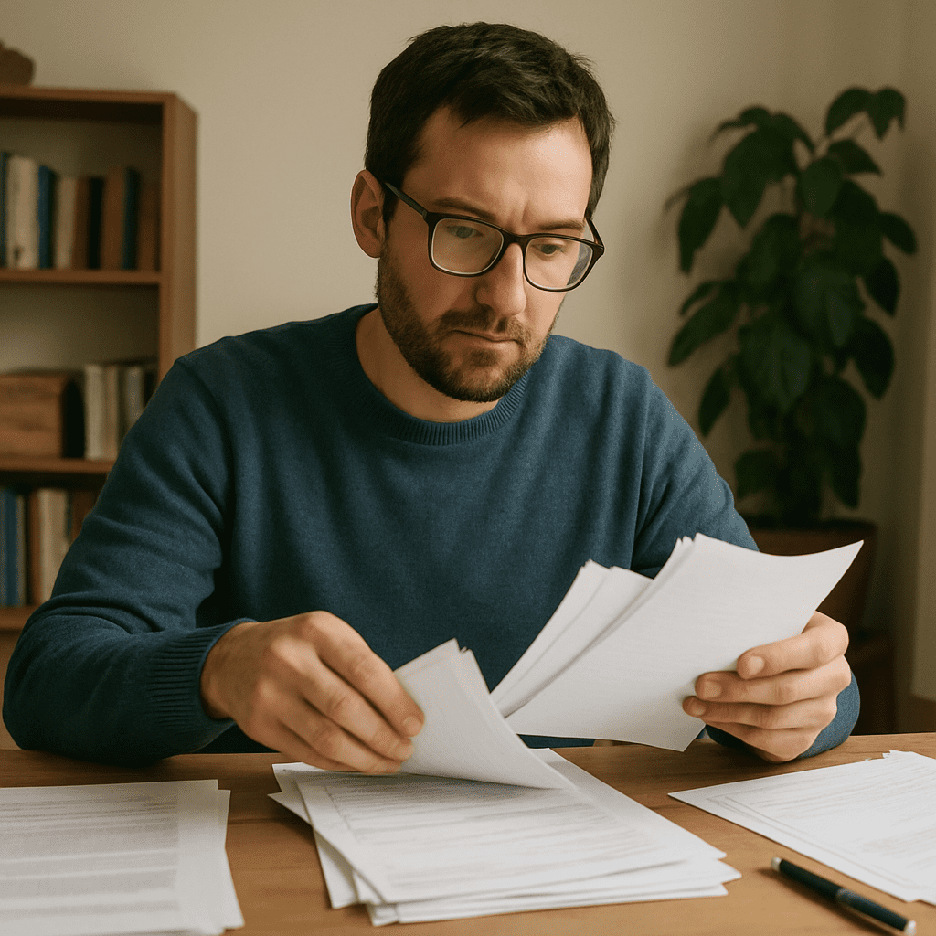 Vater sortiert Dokumente und Anträge am Schreibtisch
