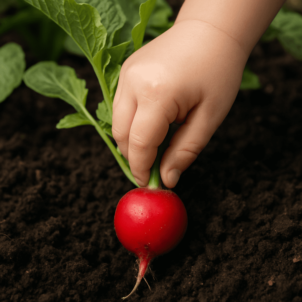 Close-up of a child's hand pulling a bright red radish out of dark soil.