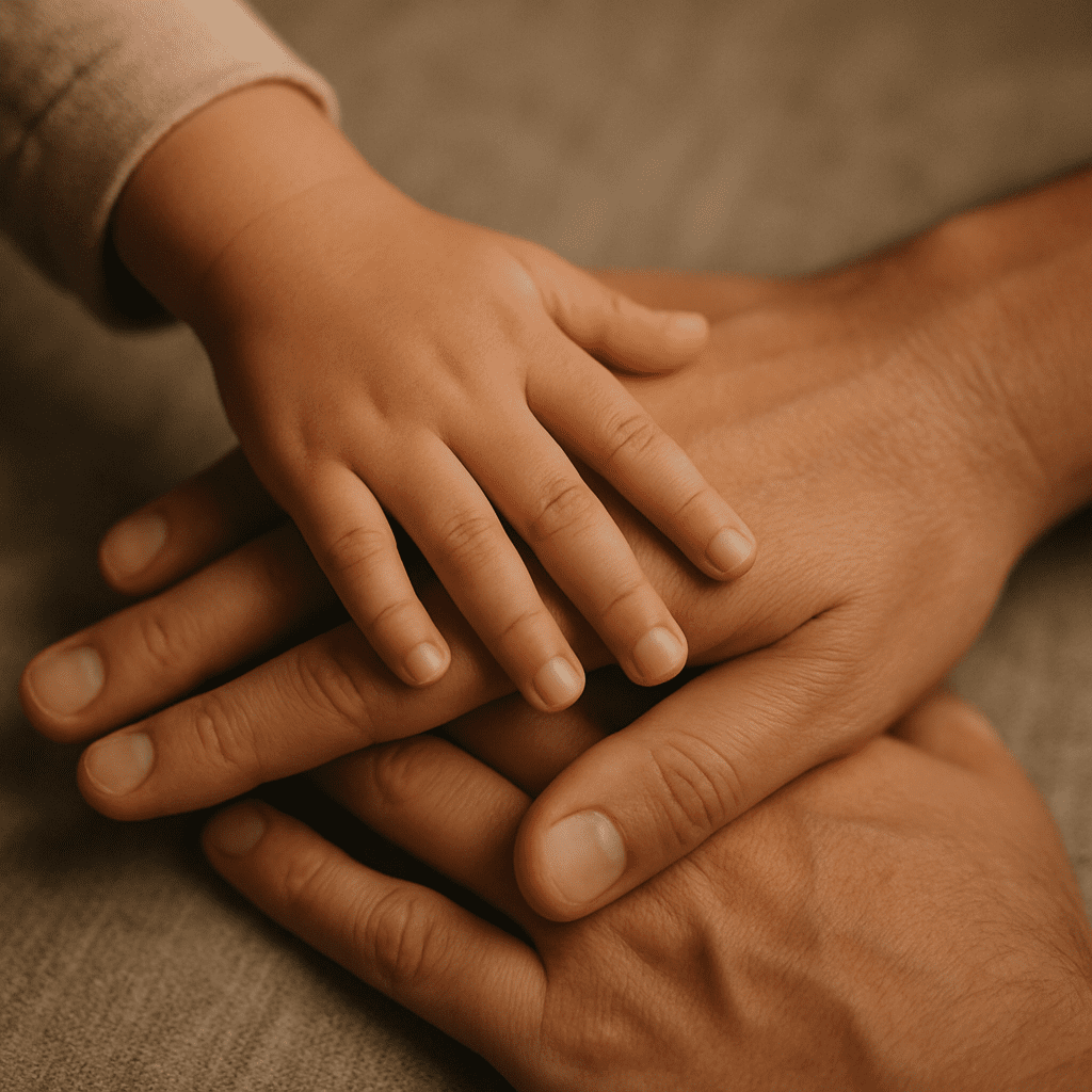 A close-up of three hands of different sizes (adult and child) stacked together, symbolizing bonding.