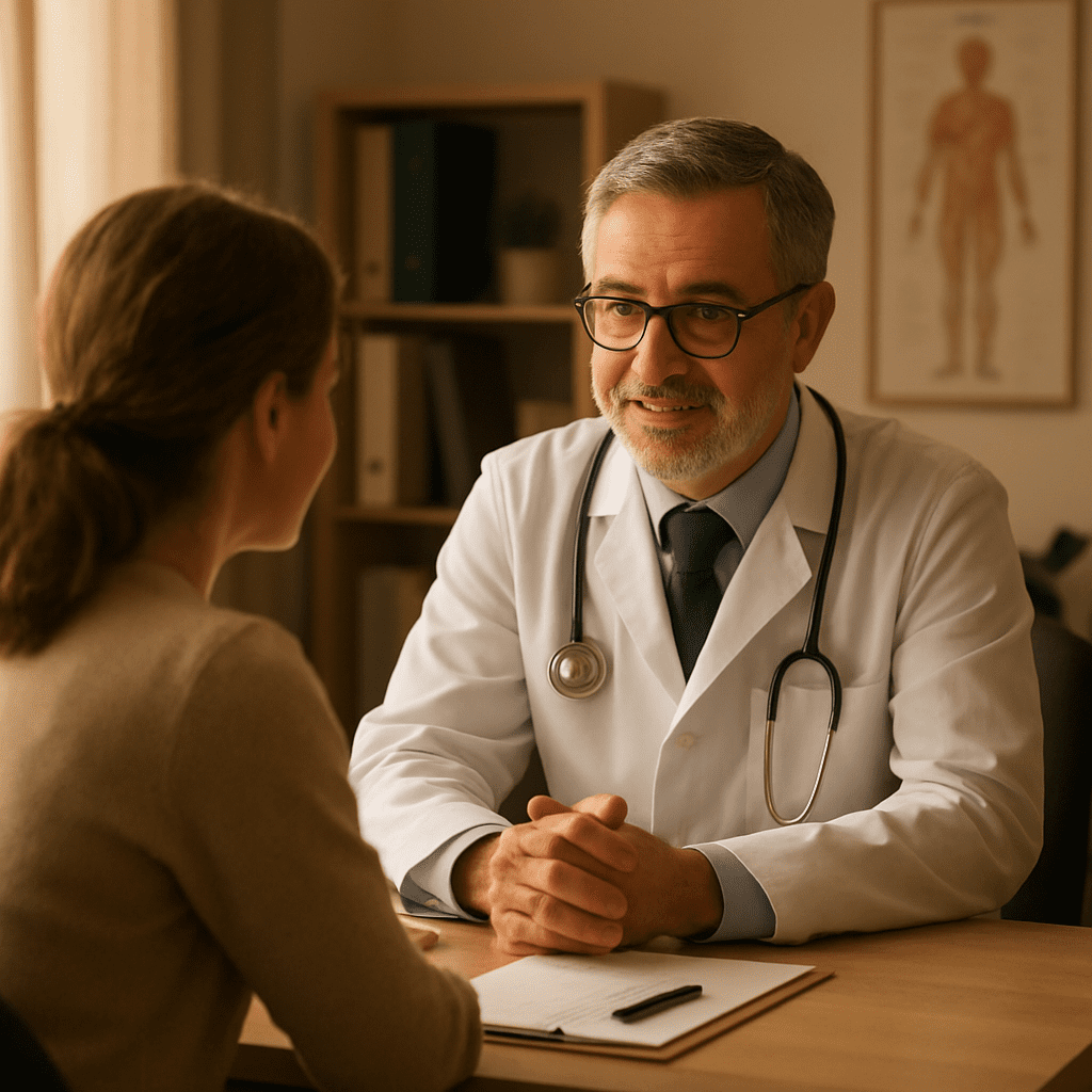 A warmly lit consultation scene at a doctor's office, conveying professionalism and hope.