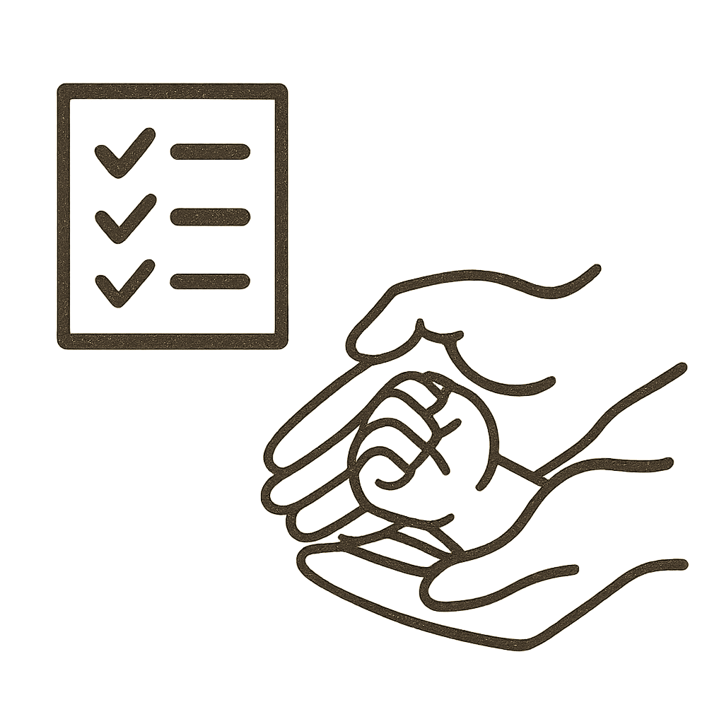 A simple checklist icon next to a pair of hands holding a baby's hand, symbolizing the support and final goal.