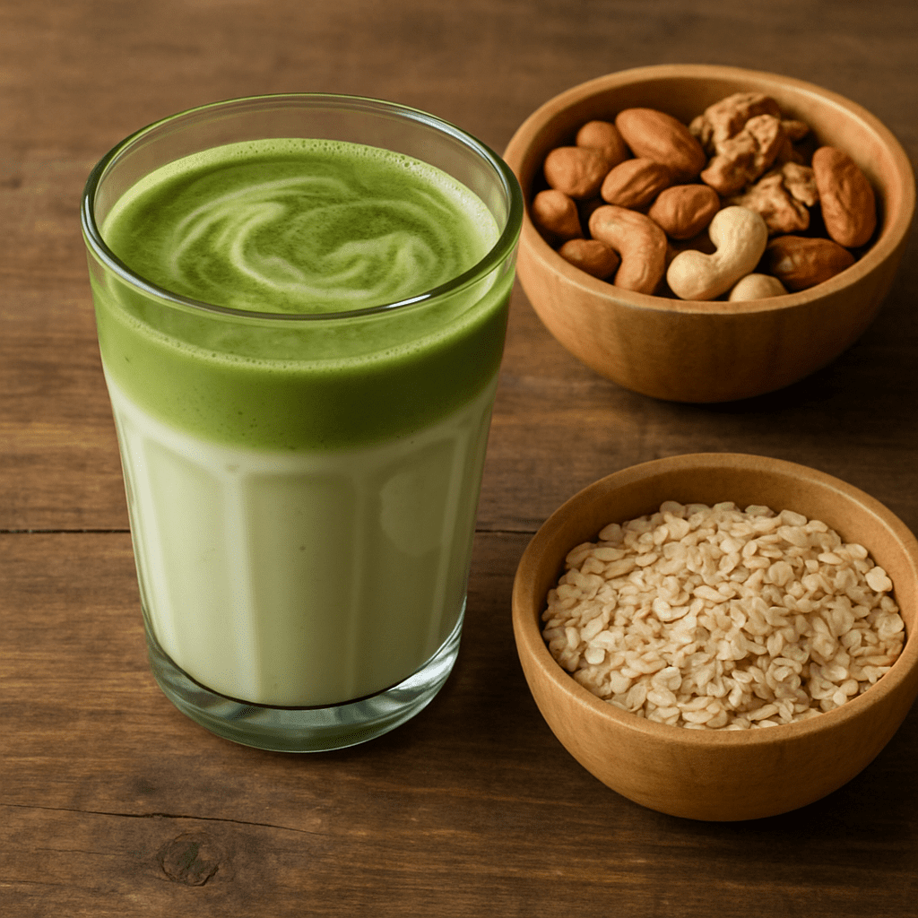 A glass of matcha latte next to healthy snacks like nuts and oatmeal on a wooden table