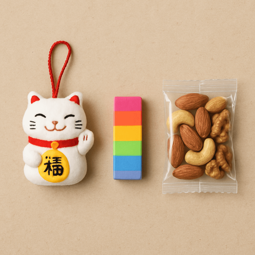 Ein Flat-Lay mit nützlichen Füllartikeln: ein kleiner Plüsch-Glücksbringer, ein bunter Radiergummi und eine Packung Nüsse.