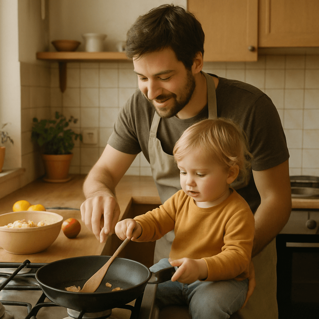 Vater und Kleinkind kochen zusammen entspannt am Wochenende in der Küche