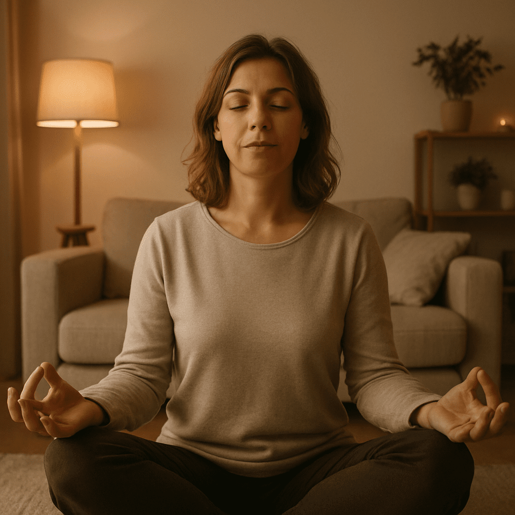 Mother is doing a relaxing breathing exercise in the living room. The light is soft and cozy.