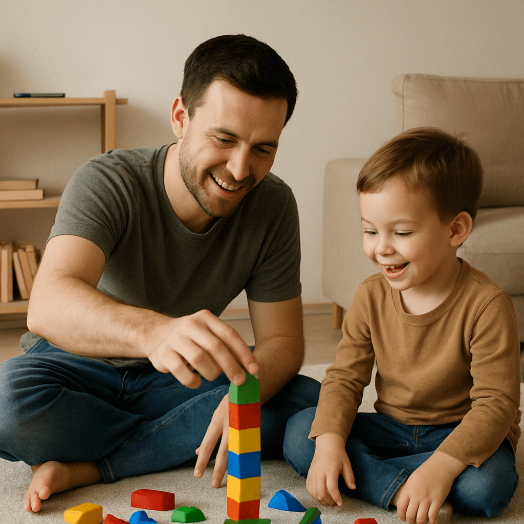 Vater spielt hochkonzentriert und lächelnd mit seinem Sohn auf dem Boden, das Smartphone liegt ausgeschaltet auf einem fernen Regal