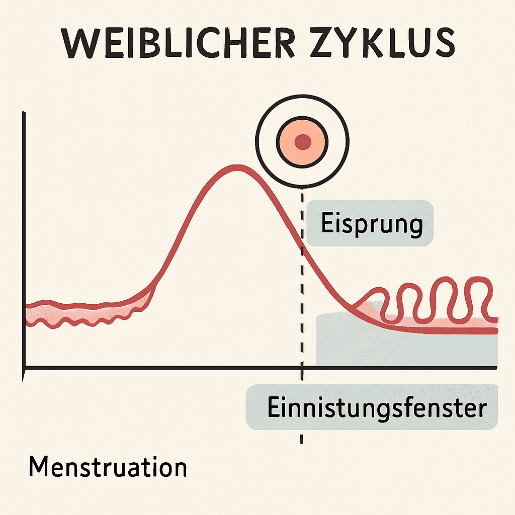 Grafik eines weiblichen Zyklus mit markiertem Eisprung und Einnistungsfenster