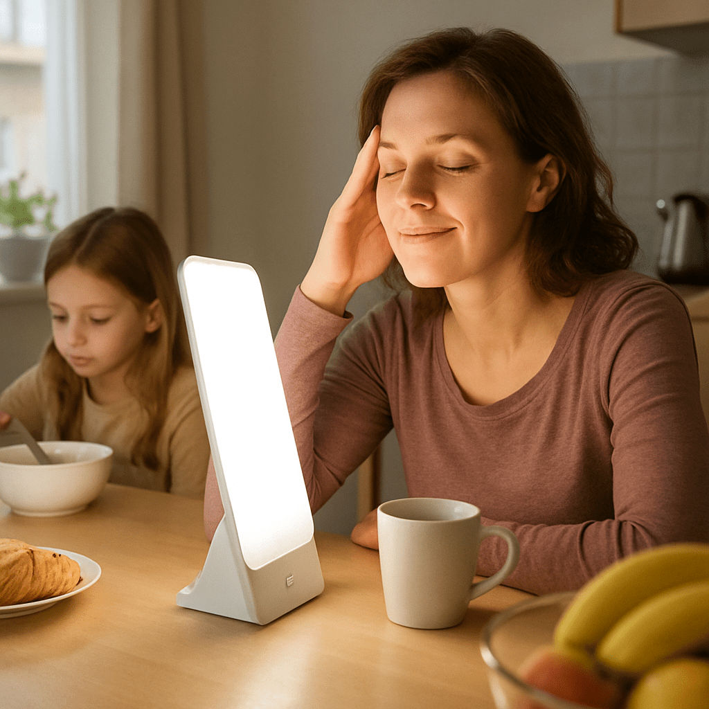 Mother uses a daylight lamp at the breakfast table to become more alert.