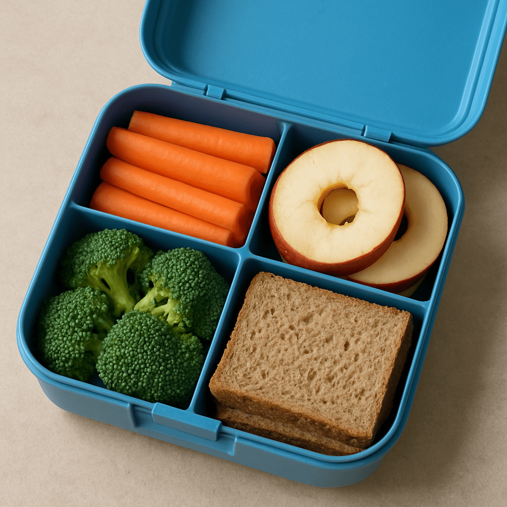 Open lunchbox for kids with colorful, healthy, and affordable snacks like carrots, apple rings, and whole wheat bread