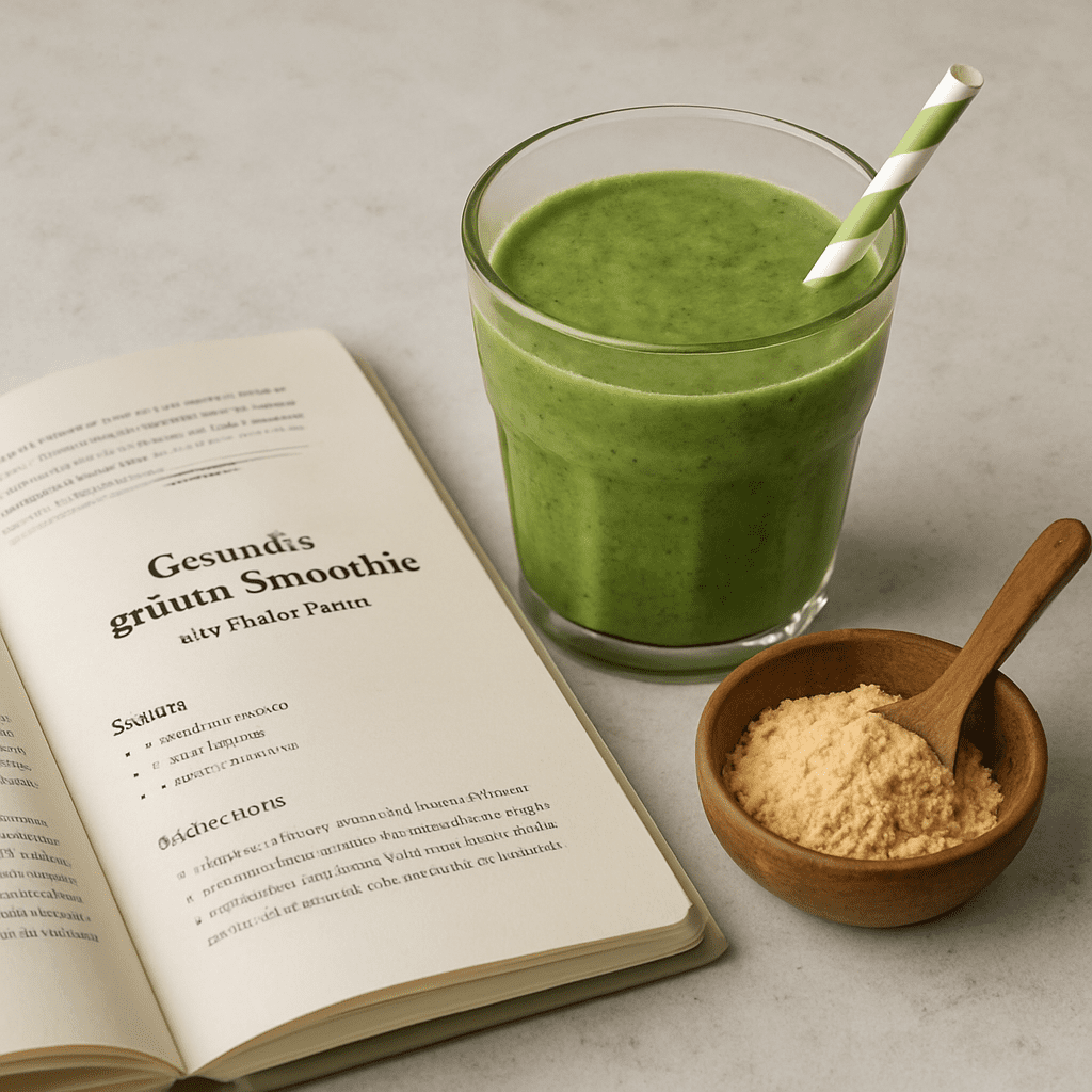 Healthy green smoothie with maca powder next to a recipe book