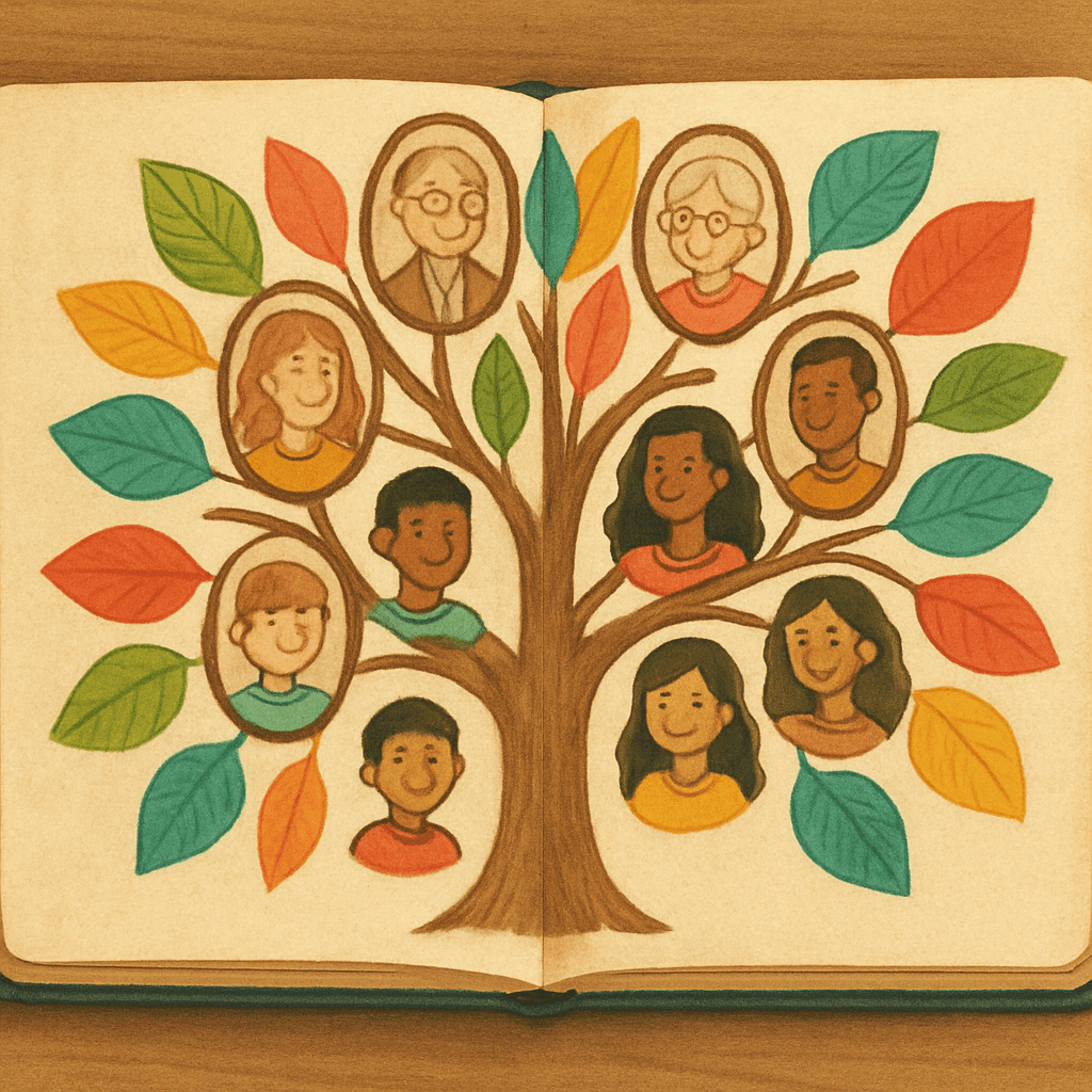 A picture book featuring a family tree with colorful, diverse leaves symbolizing varied origins.