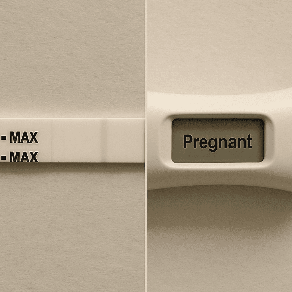 Side-by-side comparison of a faint line on a strip test and a clear 'Pregnant' word on a digital display.
